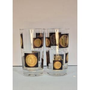 Vintage Gold & Black Square European Coin Hi Ball Cocktail Glasses Set/2 MCM